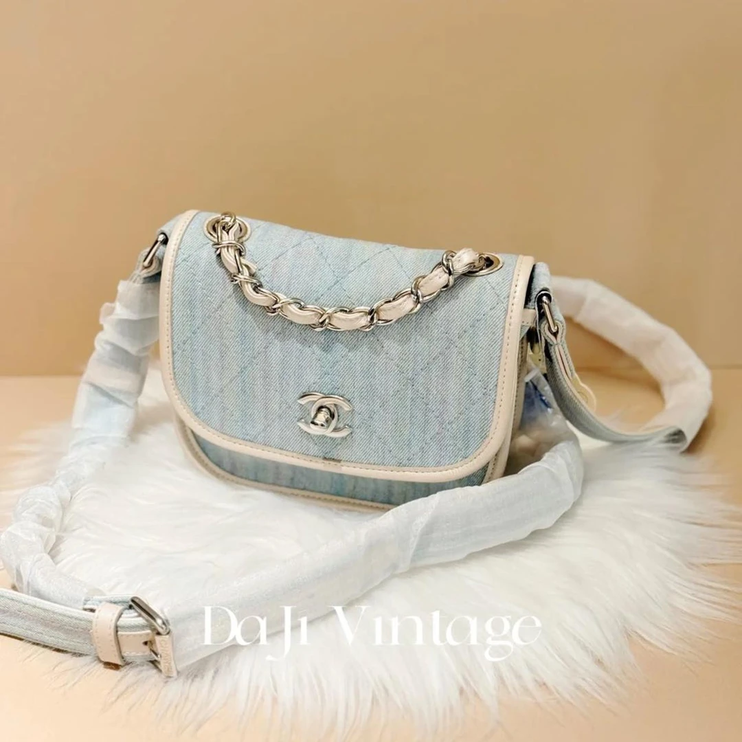 99新 Chanel/香奈儿 大吉中古/Chanel香奈儿彩虹色丹宁拼皮小马鞍