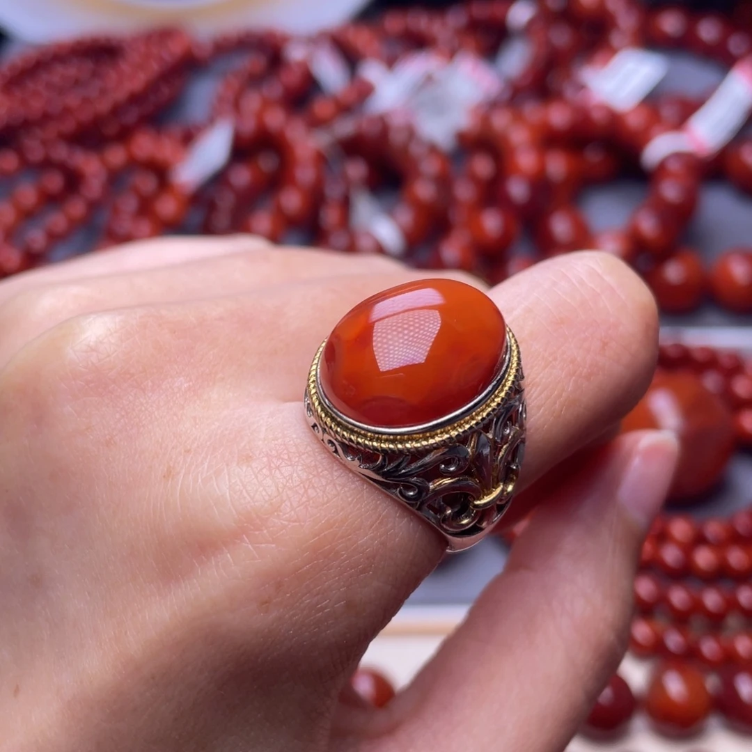 E***郭南红玛瑙银S925镶嵌其他精品瓦西柿子红戒指