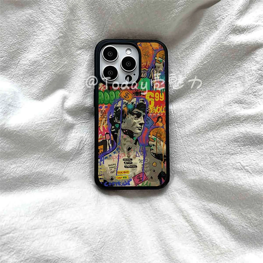 新款涂鸦油画大卫适用苹果16Promax手机壳15女款14防摔12硬11高级