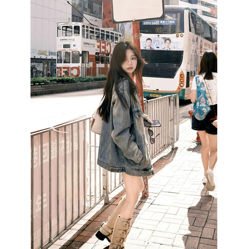 高级感美式复古做旧牛仔外套女春秋宽松bf慵懒风chic休闲夹克上衣