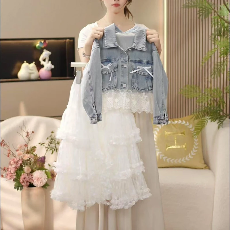 女童牛仔外套套装春款2025新款潮中大童洋气蕾丝公主网纱裙两件套