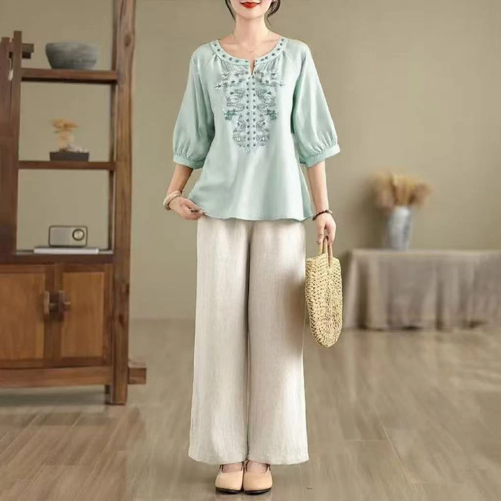 【现货+运费险】两件套纯色夏季复古刺绣棉麻半袖文艺宽松套装V1005
