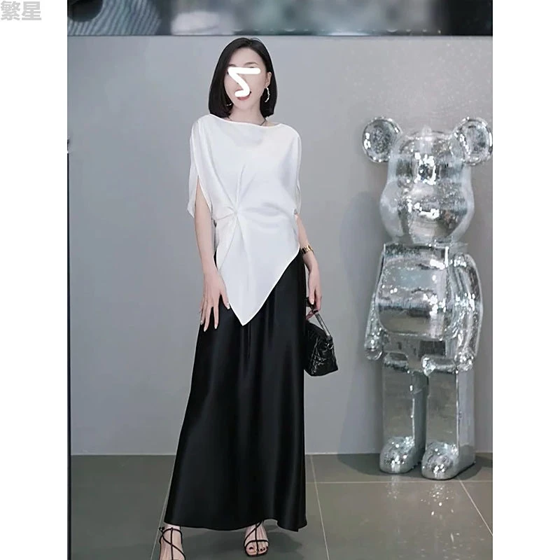 大码女装不规则短袖上衣半身裙两件套女胖mm仿醋酸遮跨裙套装2561