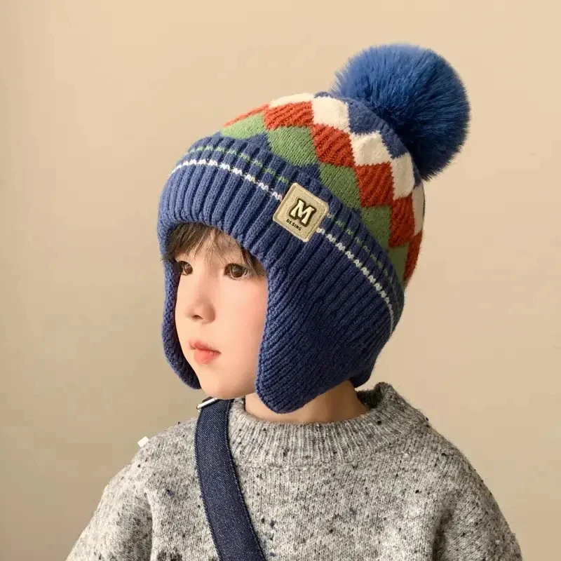 保暖儿童帽子秋冬韩版男童菱形针织毛线帽女孩加绒套头宝宝护耳帽