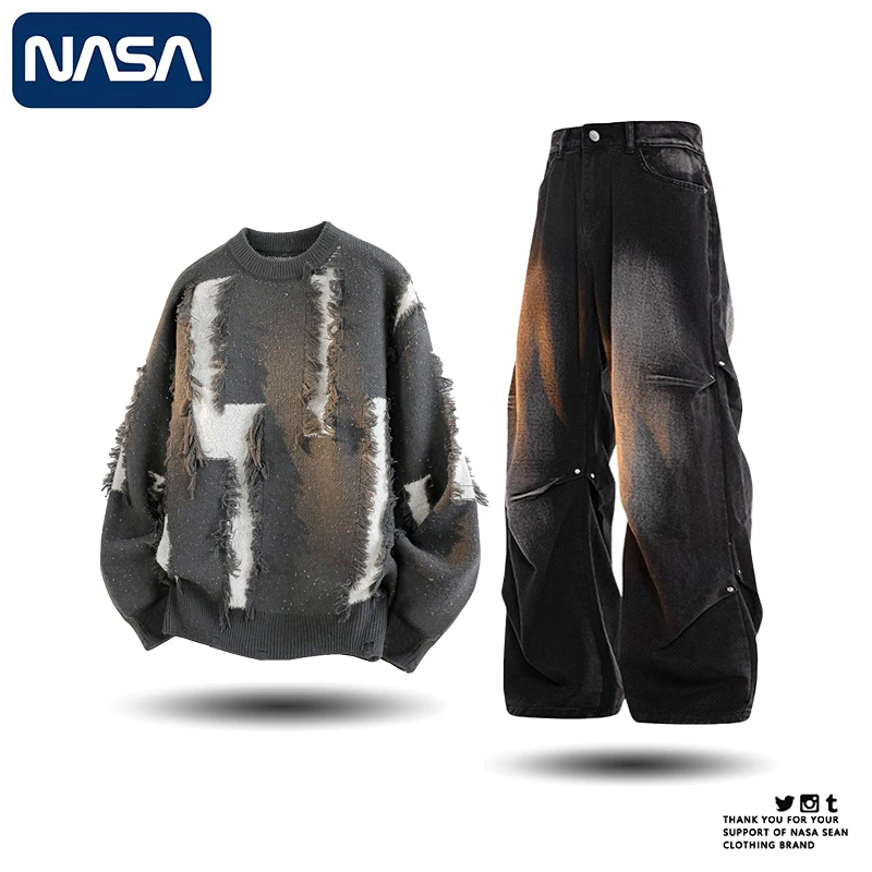 NASA美式高街宽松毛衣套装男2025秋冬季新款痞帅感长袖衫两件套