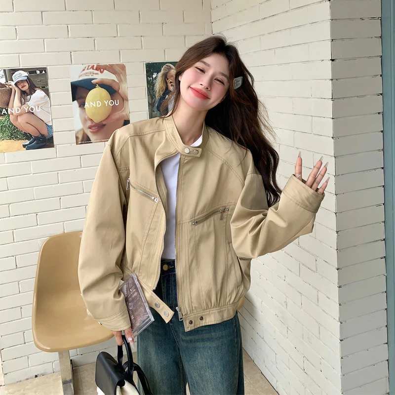 复古工装风夹克外套女2025春秋新款小众韩系设计感卡其色短款开衫