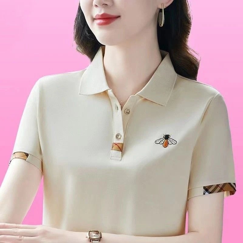 新款防紫外线绣花短袖T恤女夏季POLO衫女款中年妈妈装翻领上衣女