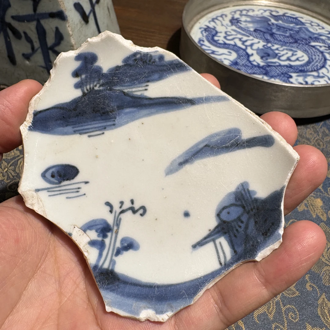 M青花山水风景图瓷片标本学习收藏全手工绘制顺丰包邮