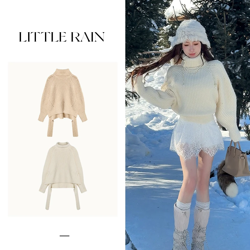 小雨姐姐新款【暖调麦茶】设计感插肩袖下摆系带高领保暖毛衣女