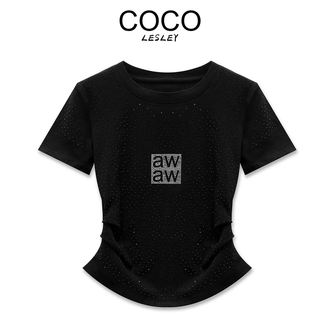 【COCO LESLEY】夏季新款烫钻打底衫女士高弹性修身短袖上衣-GT49