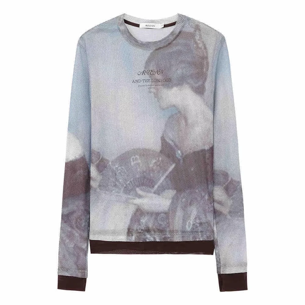 【茉舍】AVVENN 复古油画印花网纱打底T恤女AL10802572-590