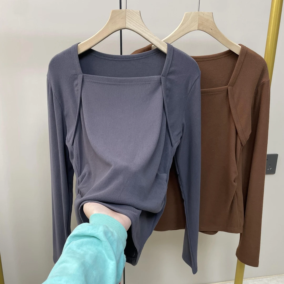 特大码200斤简约纯色小众方领坎肩设计感正肩显瘦长袖t恤女春季潮