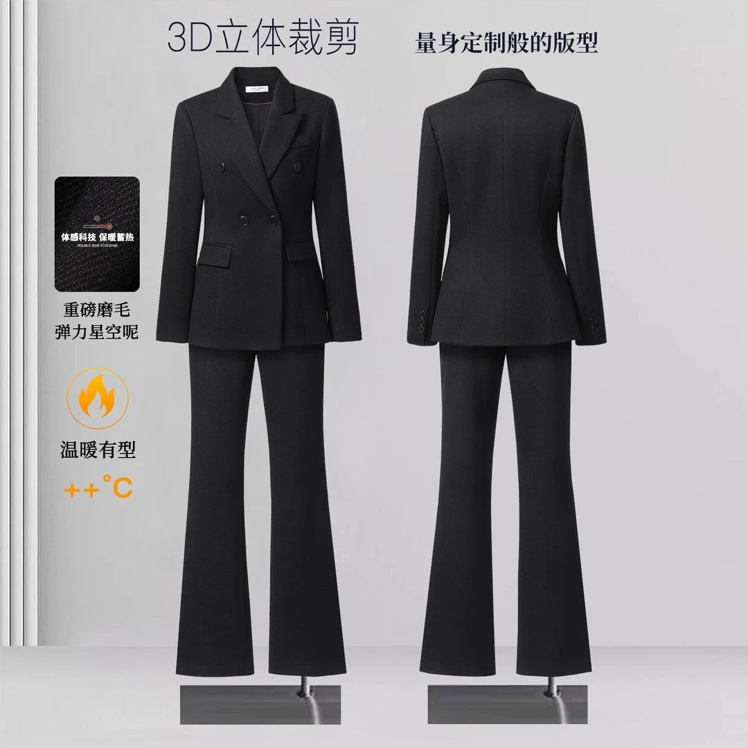 黑色毛呢西装套装女秋冬新款加厚高级感显瘦职业正装呢子西服外套