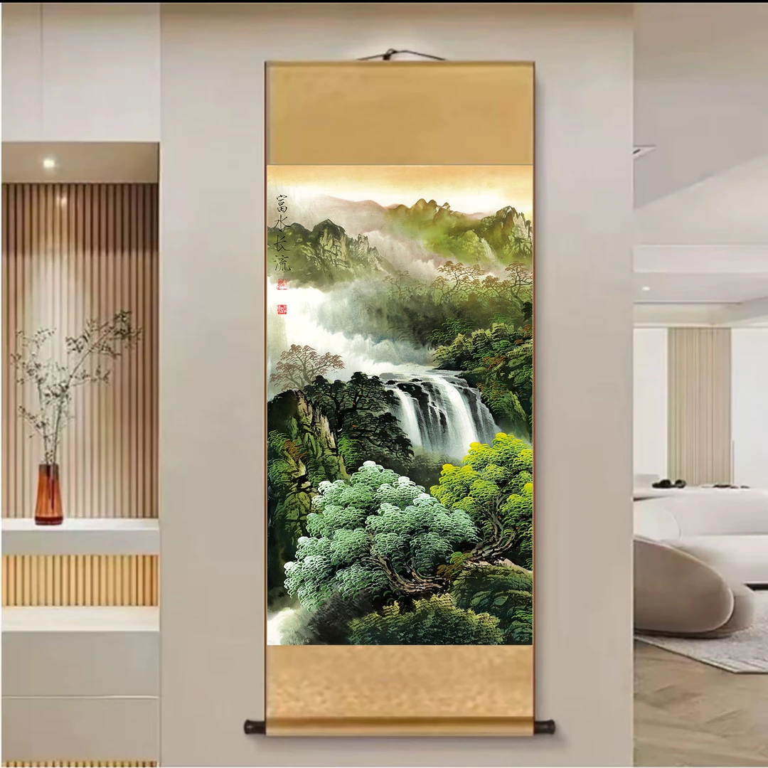A55精装140*45《富水长流》中式数字微喷立式挂画卷轴画