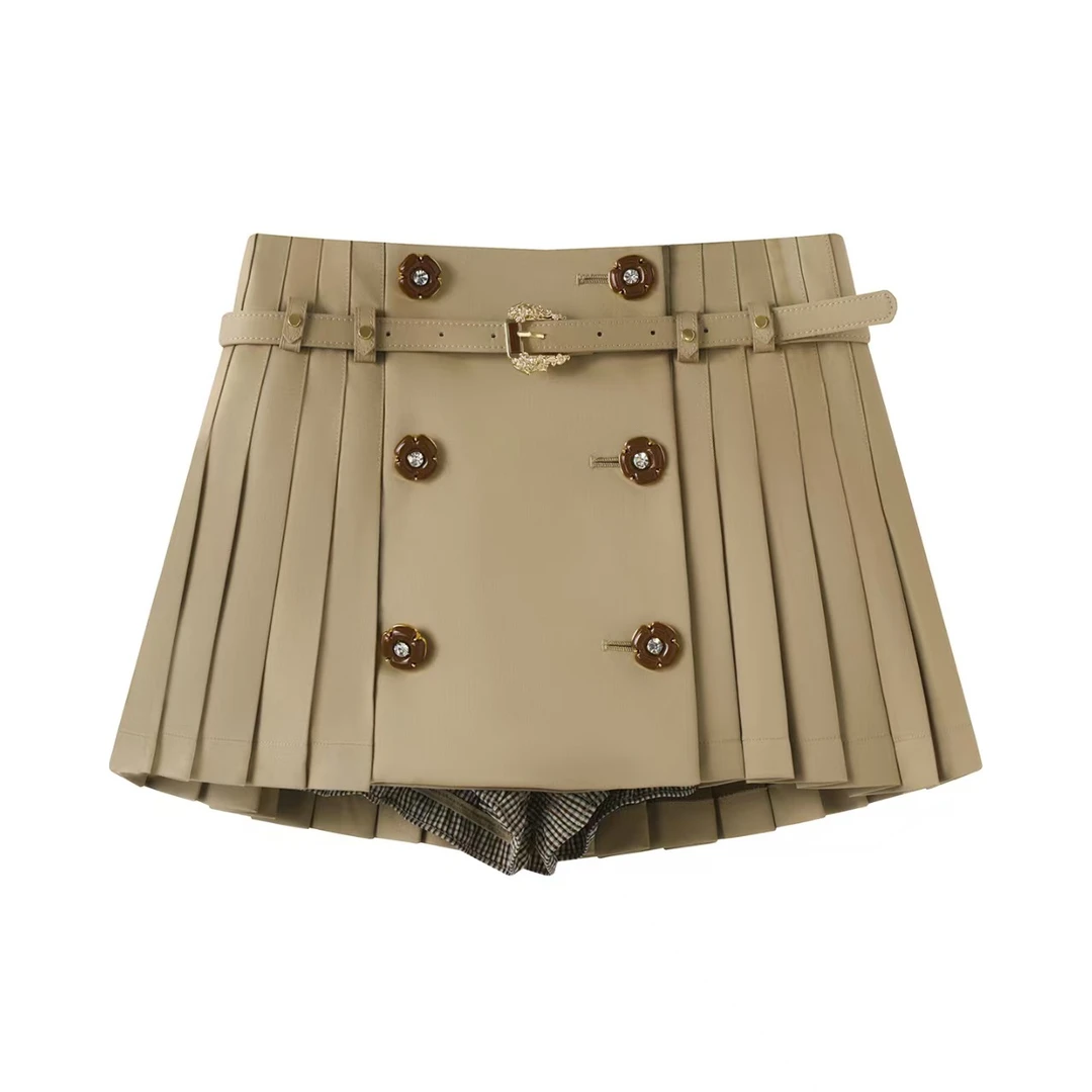 杨超越同款秋季优雅风两件套高腰短裙套装卡其色百褶裙半身裙女士