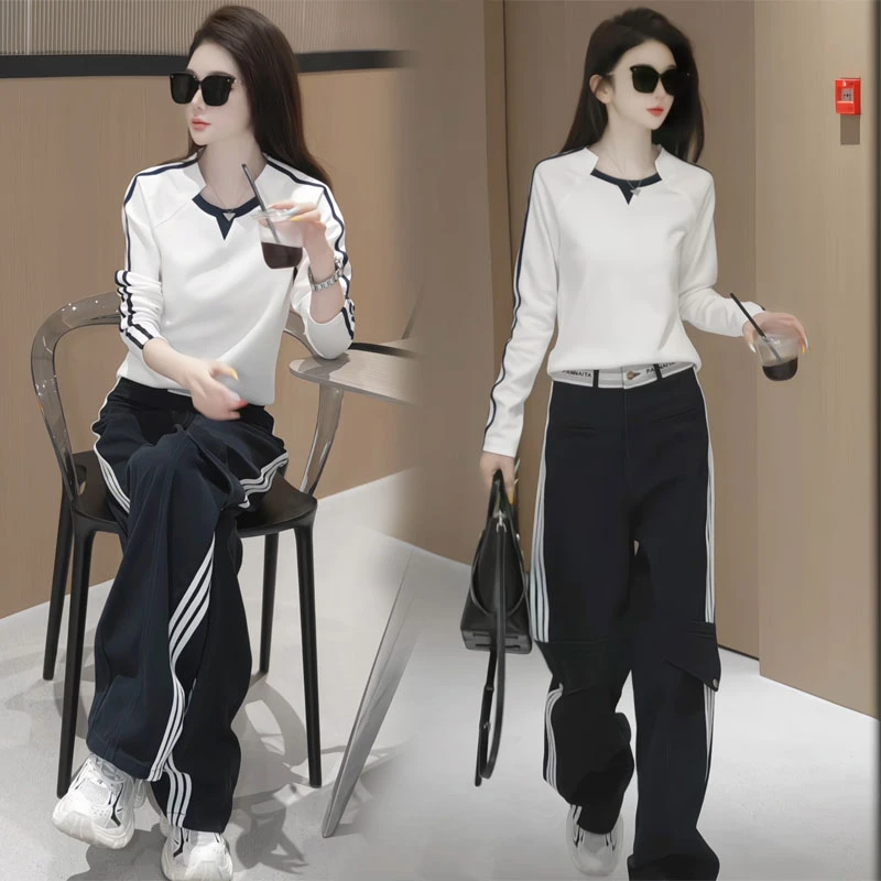 2025秋季时尚显瘦韩版撞色长袖t恤窄版阔腿裤气质休闲减龄两件套