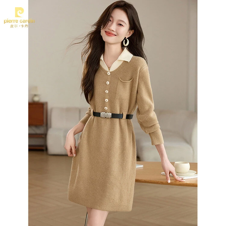 皮尔卡丹秋冬女士流行连衣裙小香风洋气时尚修身高级法式爆款收腰