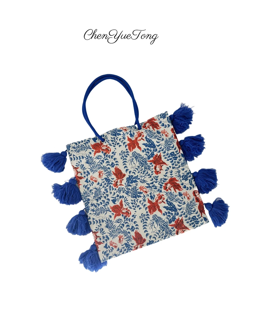 华裔小陈总【年年有鱼】 撞色流苏包国潮新帆布包BB8012