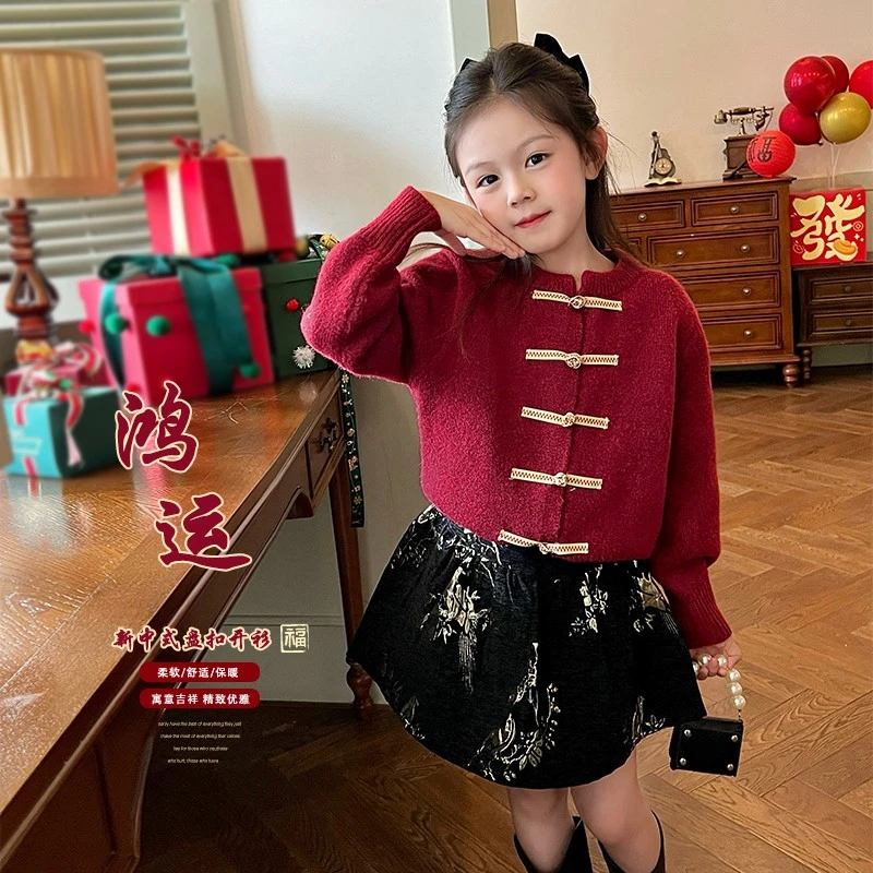 mini旦女童毛衣红色拜年服冬季新款小女孩新中式盘扣洋气针织开衫