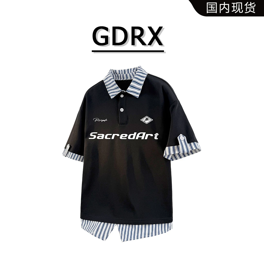 GDRX拼接翻领假两件短袖男2025夏季新款学院风宽松休闲半袖POLO衫