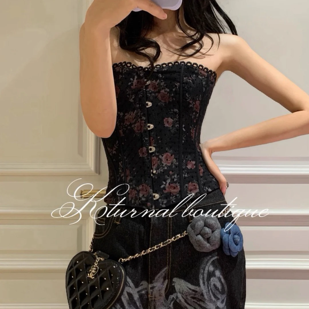 南法曼调 花边印花拼接束身显腰细显身材 鱼骨抹胸上衣