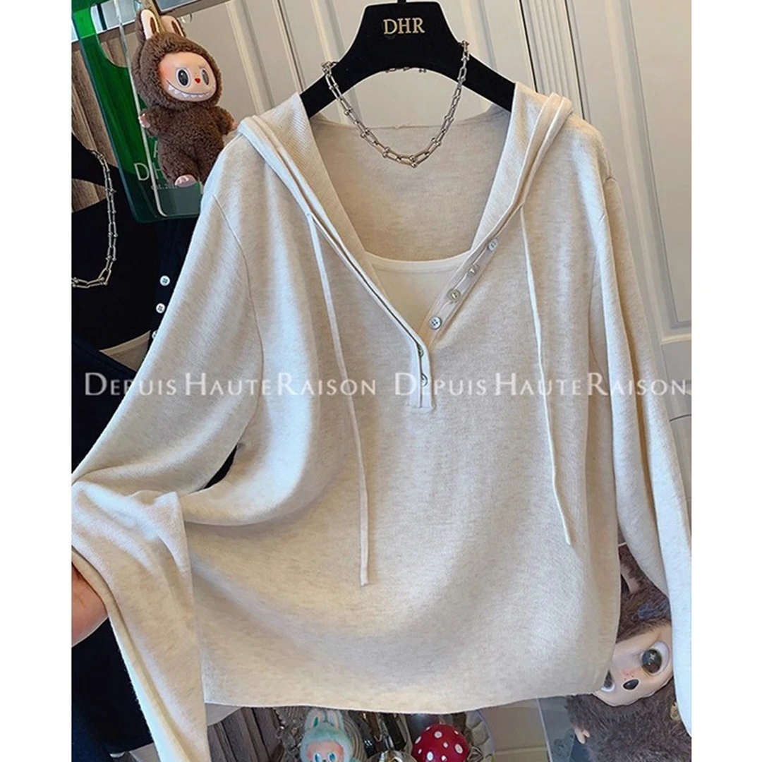 特大码300斤秋冬松弛感美式气质假两件连帽针织衫毛衣宽松上衣女