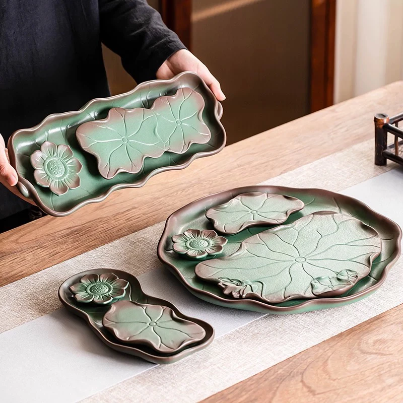 窑变陶瓷茶盘中式家用客厅小型功夫茶具泡茶台大号茶托盘泡茶盘