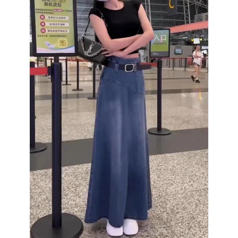 港味复古蓝色牛仔半身裙女秋季新款高腰宽松遮胯显瘦包臀a字长裙