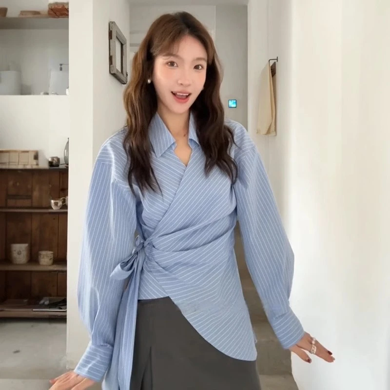 韩系复古不规则飘带收腰衬衫女春季别致条纹衬衣外套休闲百搭上衣