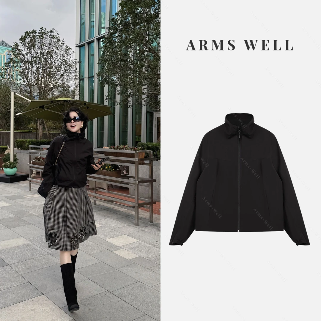 ARMS WELL王囡囡 黑色拉链立领休闲薄款外套 S69