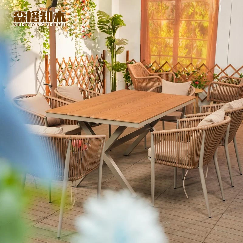 知木户外铝塑木藤编桌椅露天庭院室外防水耐晒塑木科迪桌椅休闲