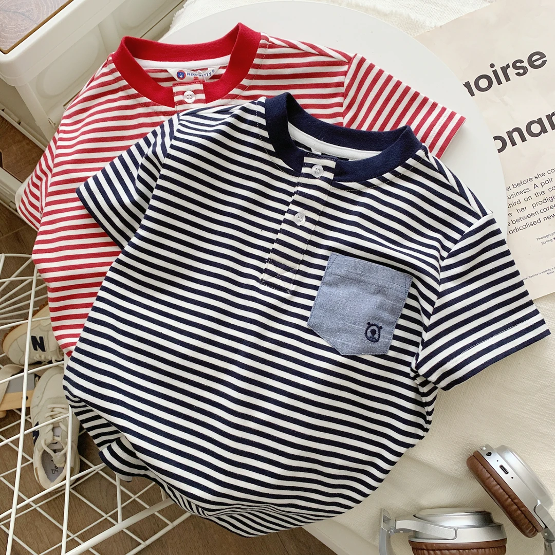 夏季儿童短袖T恤男童新款撞色时髦上衣宝宝条纹洋气童装半袖