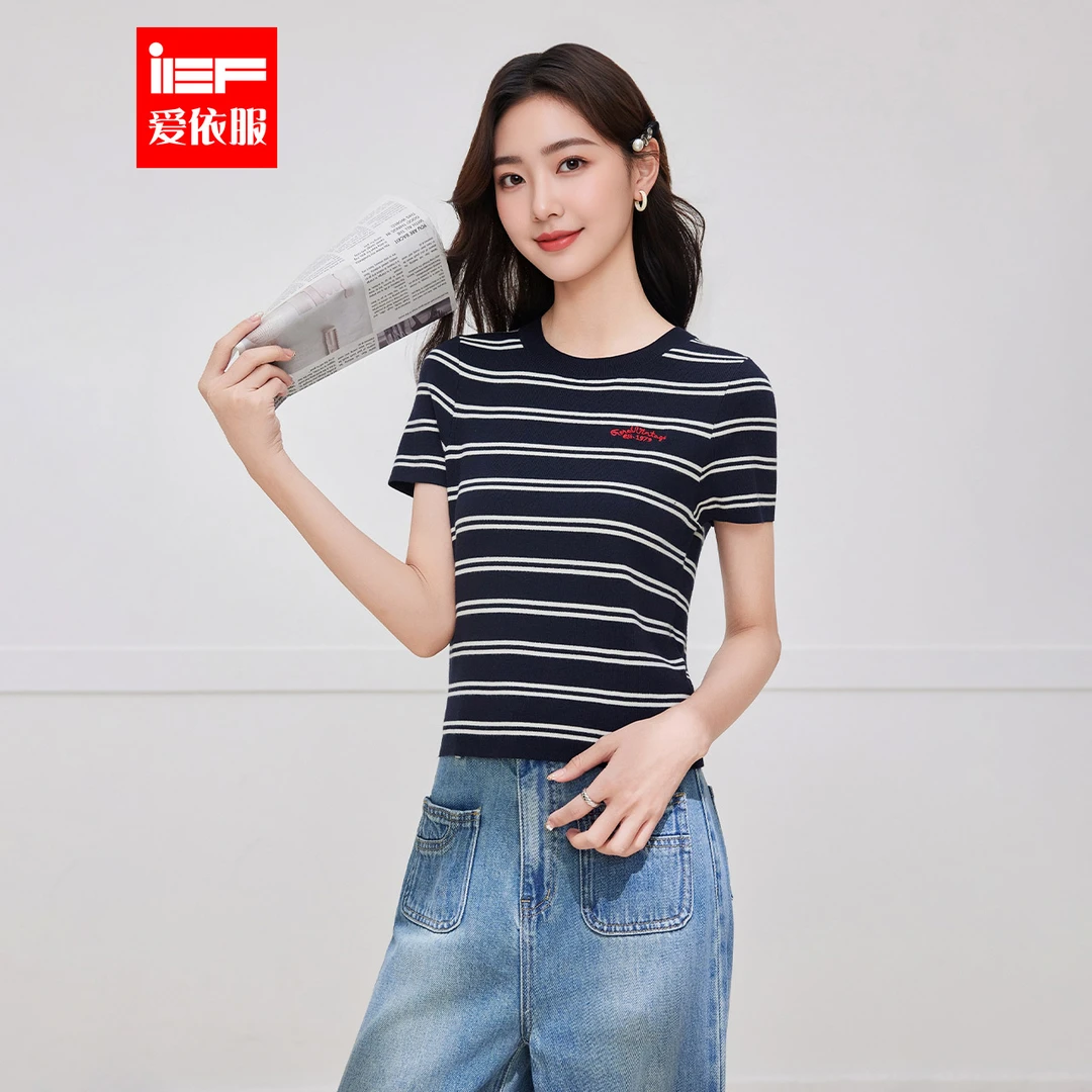 IEF/爱依服2025秋季新款韩系文艺知性气质条纹休闲百搭毛织上衣