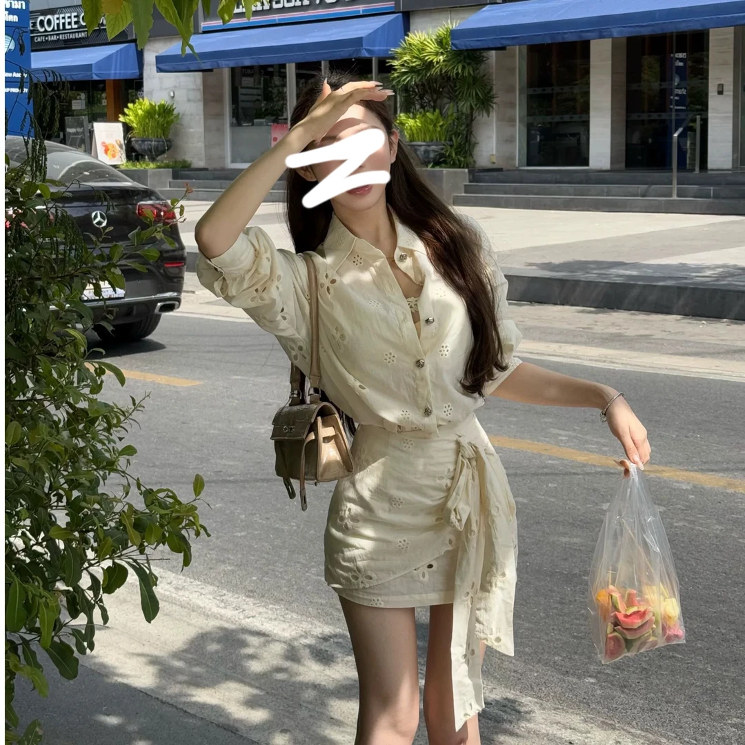 2025春夏新款套装法式气质高级感镂空设计感衬衫包臀半身裙两件套