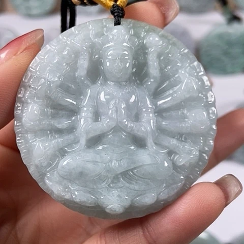 翡翠颈饰未镶嵌山水千手观音两面工福利翡翠