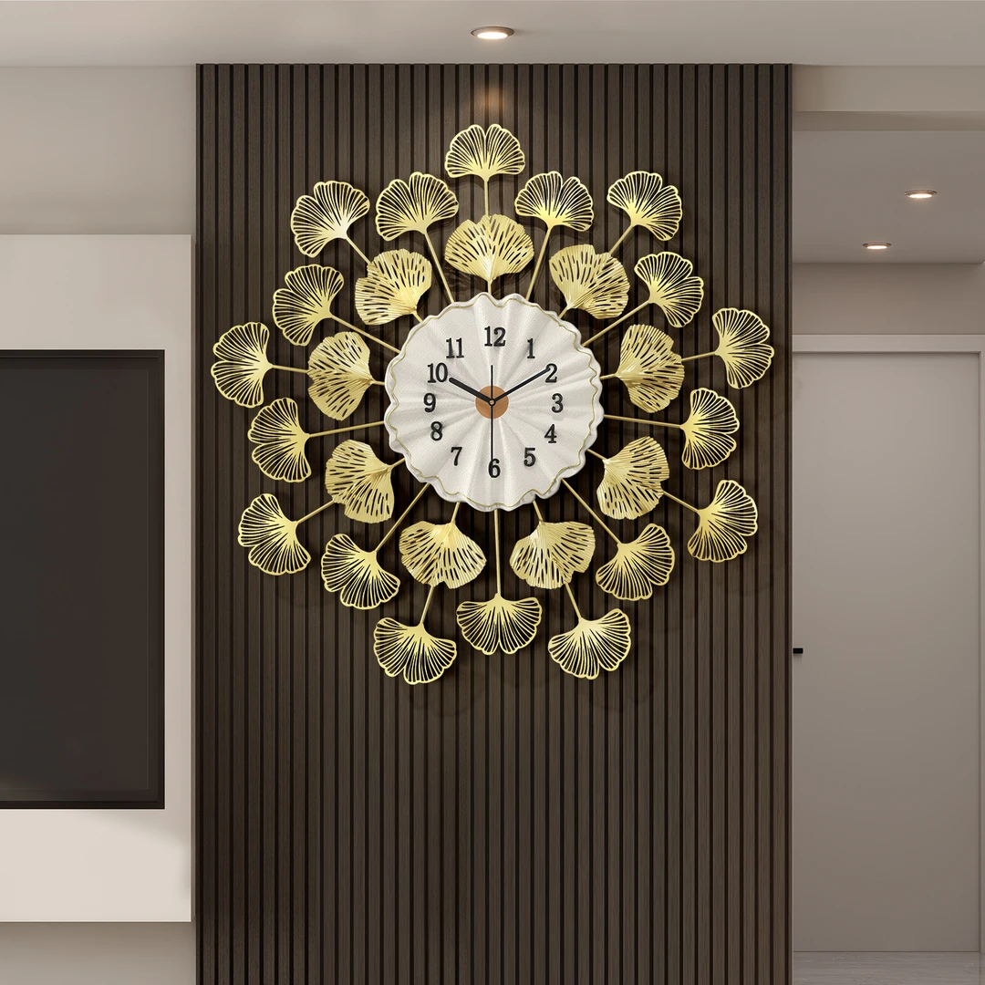 金色银杏--金蕾创意装饰挂钟客厅餐厅家用时钟新中式静音钟表挂件