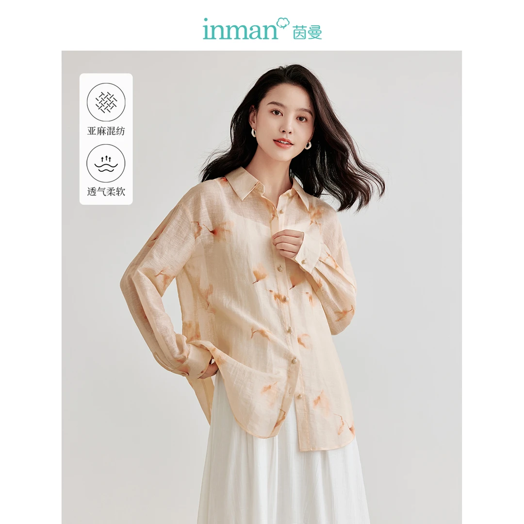 【商场同款】茵曼2024夏季新款女衬衫上衣长袖女装亚麻宽松外穿棉麻