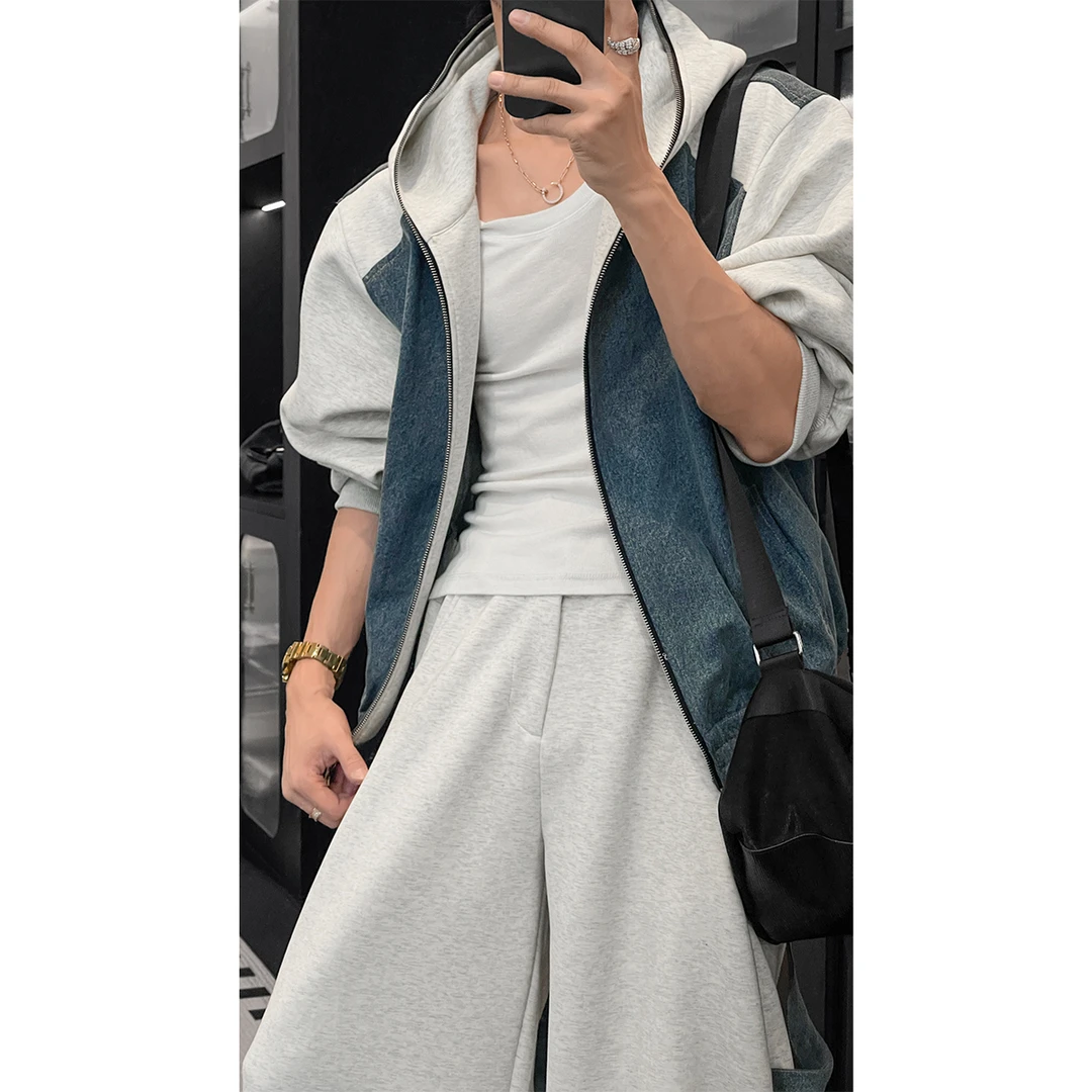 龙叨叨秋季新款潮流美式拼接牛仔设计感连帽卫衣百搭宽松长裤套装