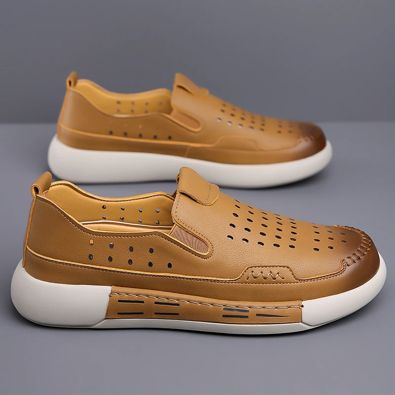 夏季新款男士爆款软皮软底洞洞鞋休闲运动凉鞋网眼镂空透气潮鞋