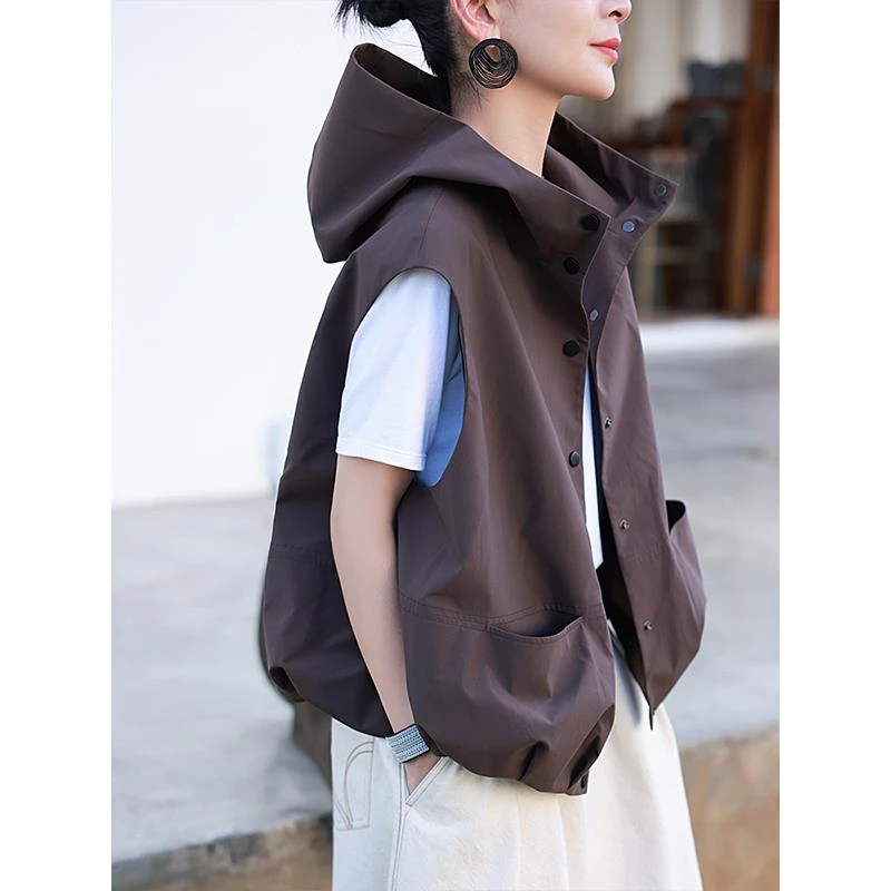 高级感无袖时髦休闲连帽马甲外套女春季2025欧货新款复古小众上衣