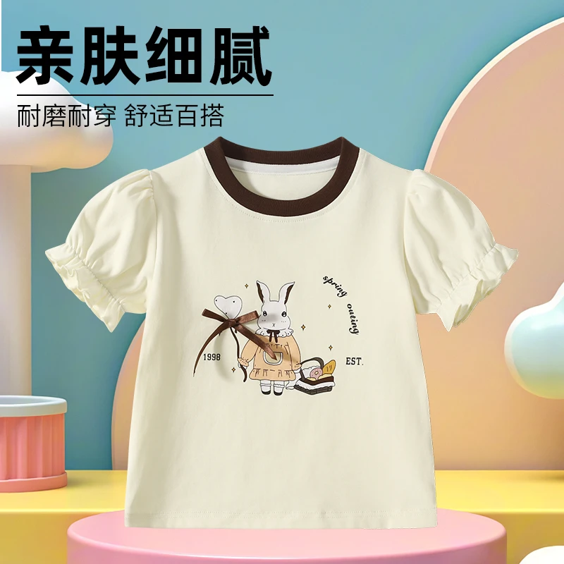 薄款夏季女童撞色卡通兔子印花休闲百搭宽松上衣短袖T恤XGT53304