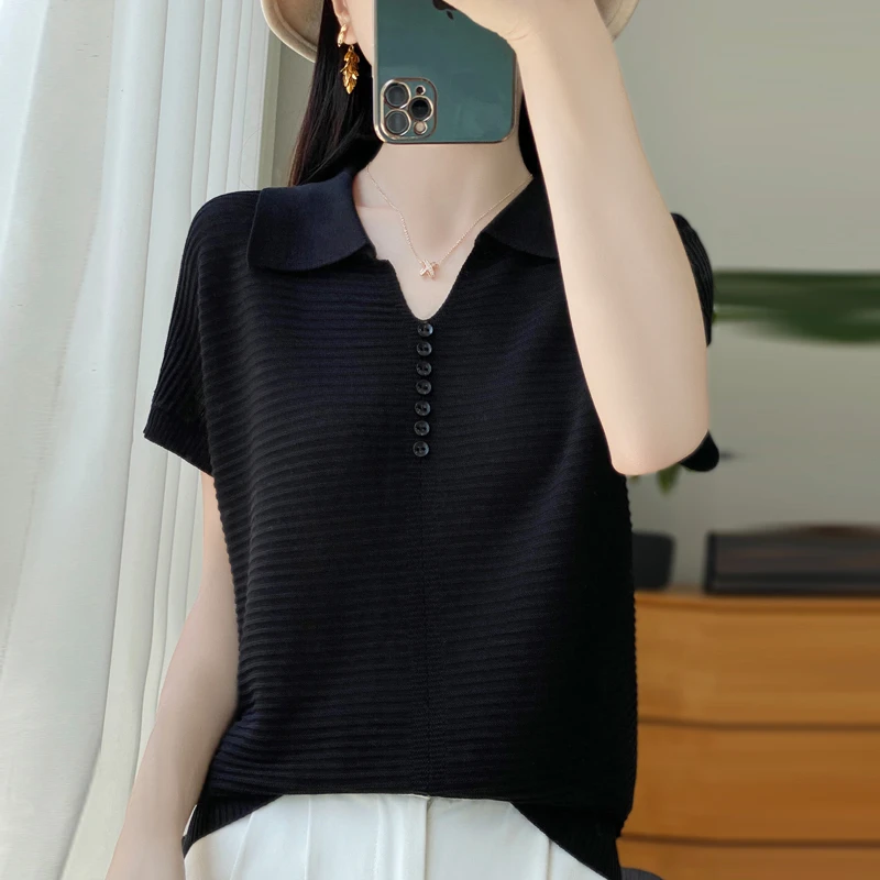 天丝翻领V7扣横线短袖A541