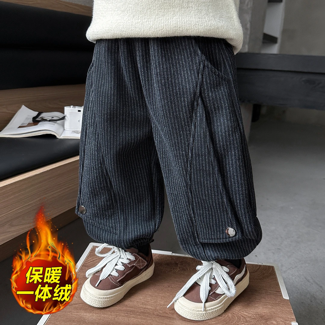 儿童加绒裤子男童冬季2025新款秋冬加厚保暖洋气运动休闲束脚裤子
