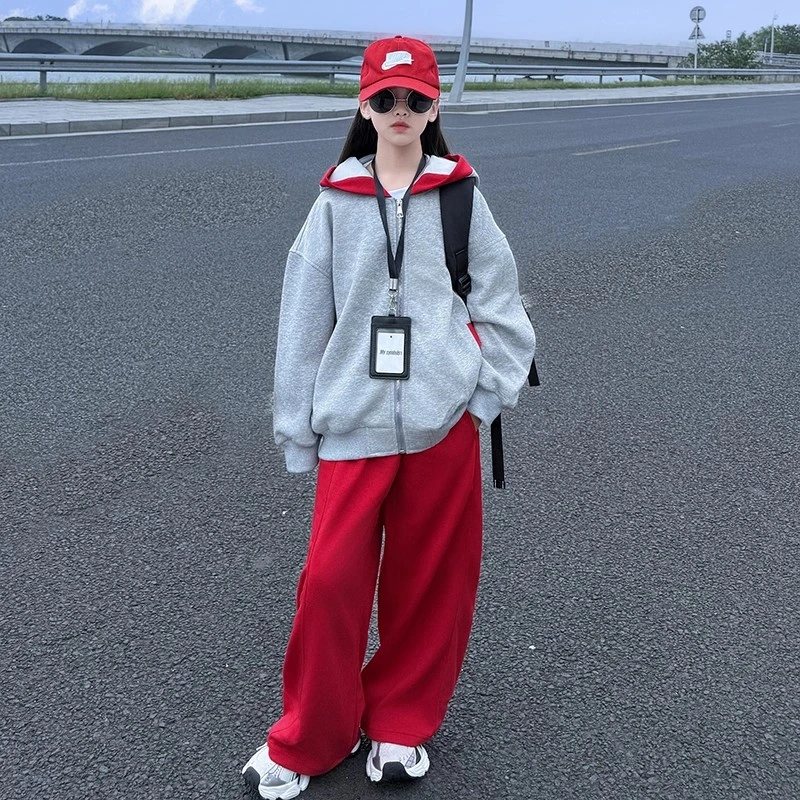 女童帽衫长裤套装2025年秋季新款儿童春秋装连帽外套阔腿裤两件套