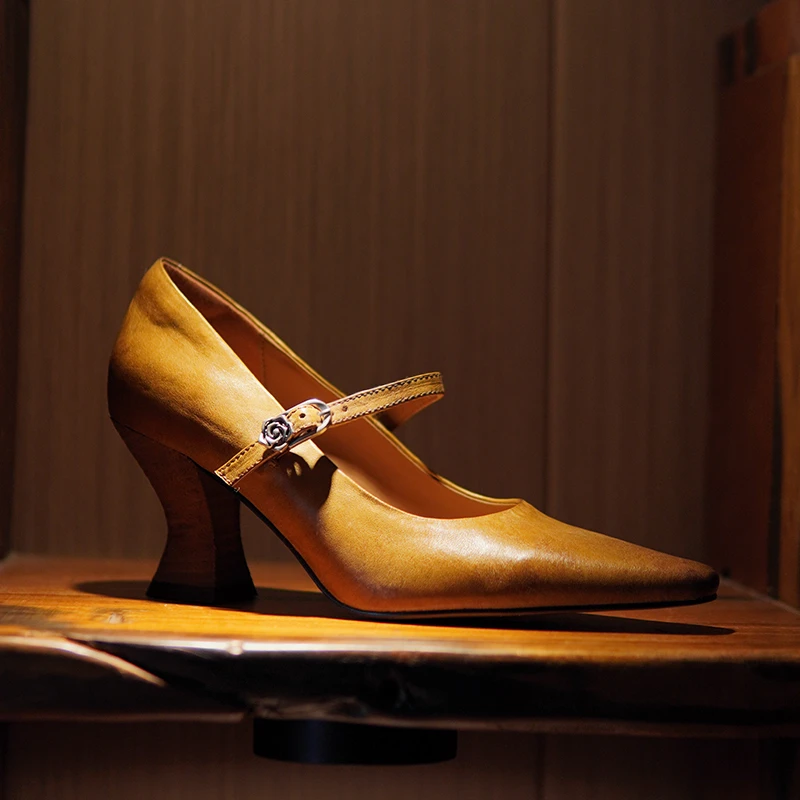 布朗手工定制2025新款马皮单鞋女高跟鞋一字带搭配旗袍玛丽珍单鞋