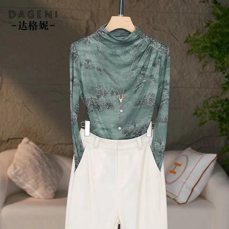 高端半高领扎染网纱长袖t恤女2025春夏款时髦印花可外穿打底上衣