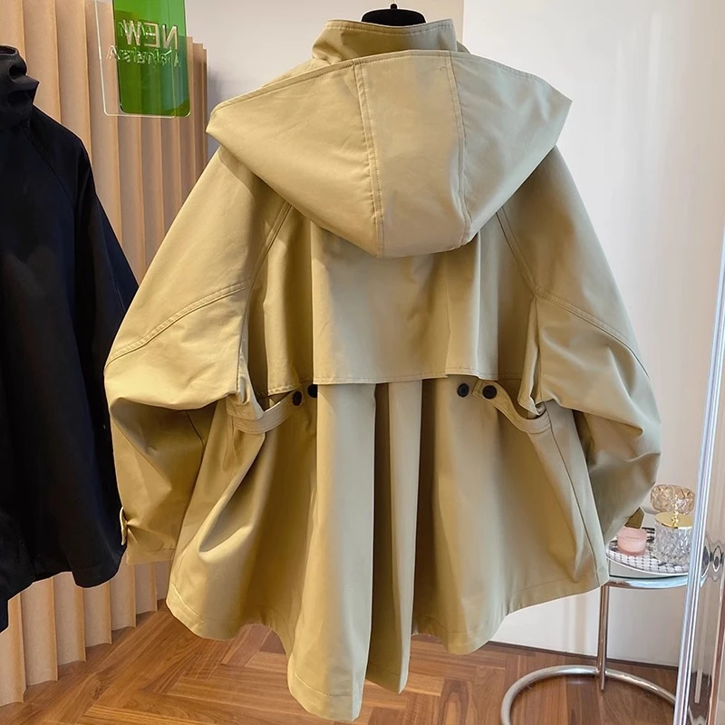 2025新款高级感大码英伦风斗篷式宽松休闲连帽风衣外套女春秋