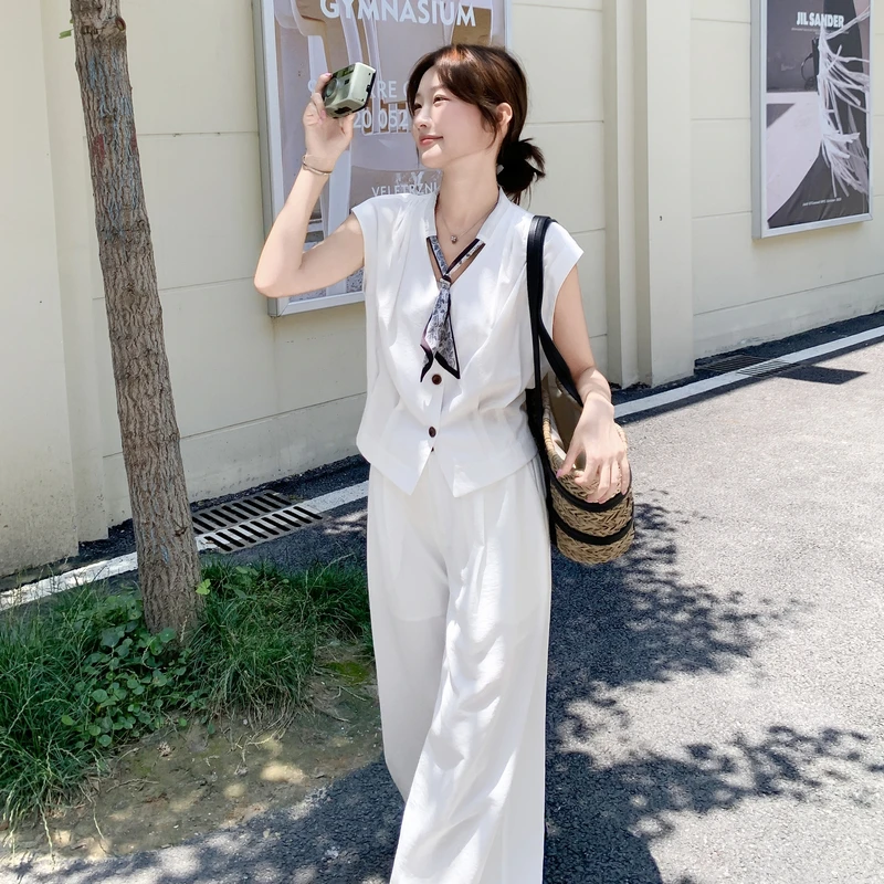 轻熟风气质通勤套装裤女2025夏季新款V领系丝巾上衣阔腿裤两件套