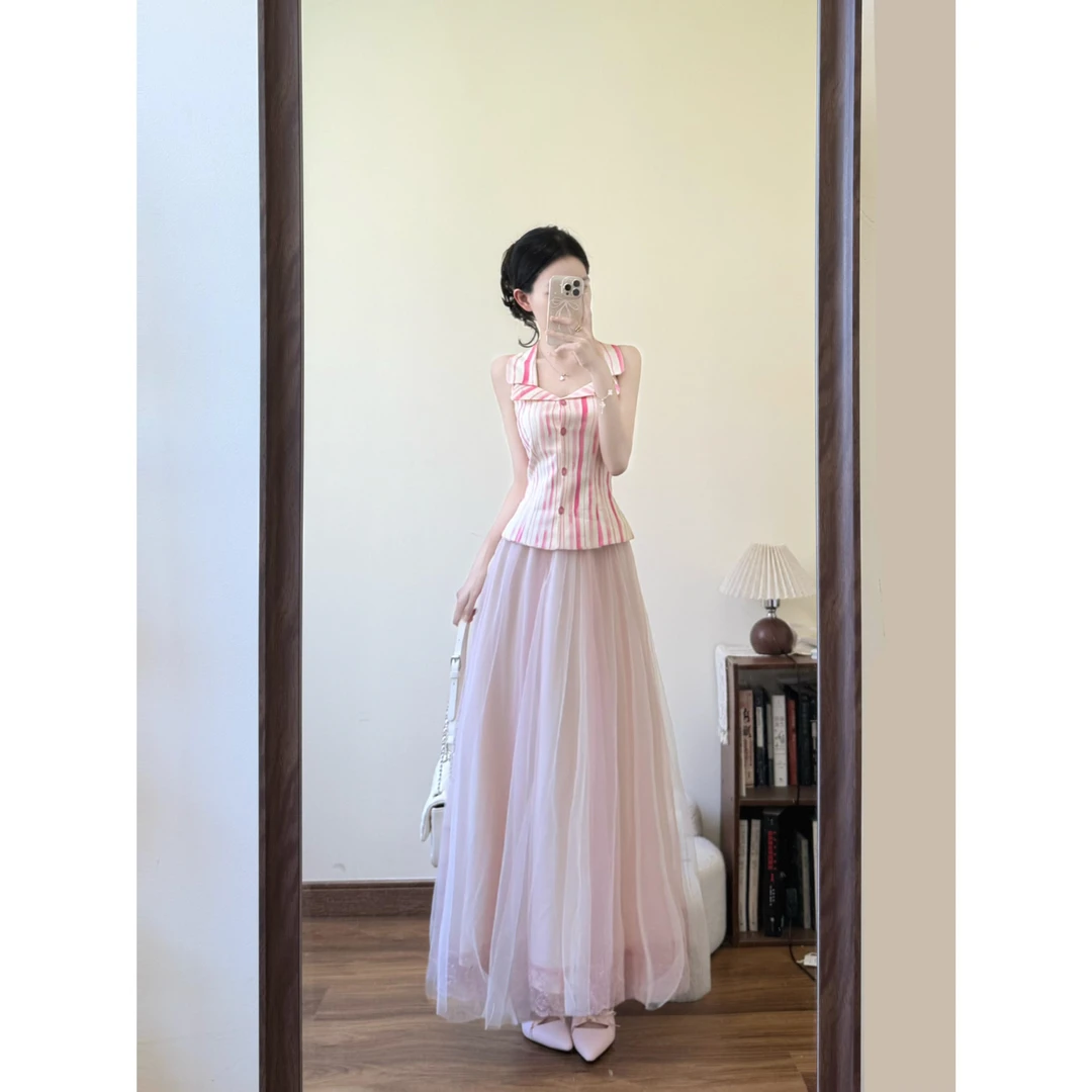 parkyeon夏日绝美穿搭套装温柔气质粉色条纹无袖上衣网纱半身裙