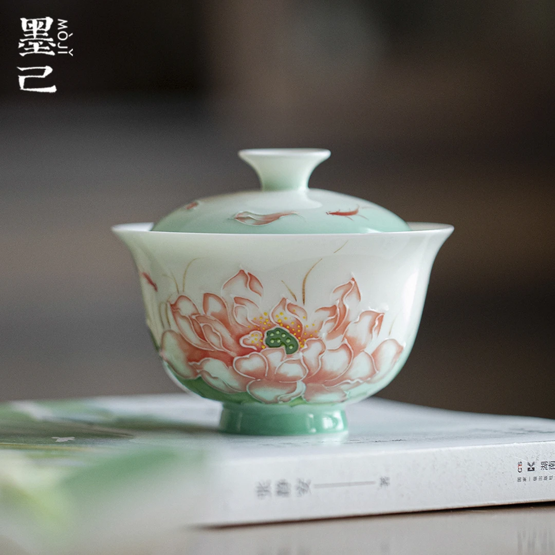 墨己绿宛莲馨玉泥白瓷手绘莲花陶瓷盖碗釉下彩高颜值功夫茶具茶碗